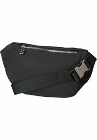 Marsupio in nylon nero con tasca frontale con zip, tracolla regolabile e accessori metallici. Texture liscia e forma curva e compatta.