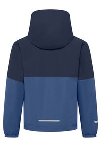 Hoodie in twee tinten blauw, met een effen marineblauwe bovenkant en een lichtere blauwe onderkant, afgewerkt met reflecterende accenten op de zoom.