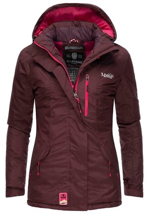 Maroon quilted jacket with pink accents. Features a hood, zippered pockets, and logo detail. Smooth texture with a tailored fit.