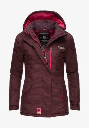 Maroon quilted jacket with pink accents. Features a hood, zippered pockets, and logo detail. Smooth texture with a tailored fit.