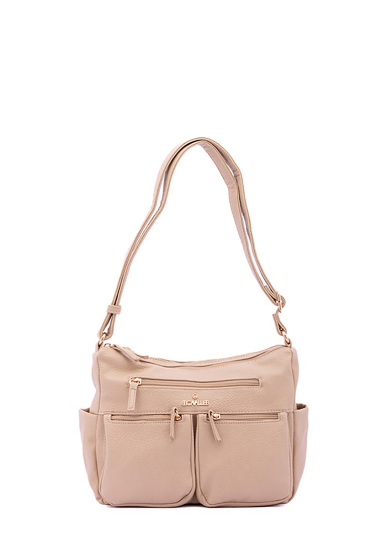 Borsa a tracolla beige in pelle sintetica testurizzata, con una sola tracolla, chiusura con zip superiore e numerose tasche frontali con dettagli dorati.