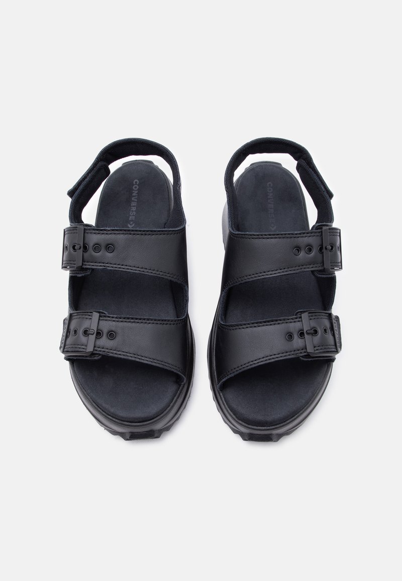 Schwarze Sandalen mit offenem Zehenbereich, zwei verstellbaren Schnallenriemen und einem Fersenriemen, von oben auf hellem Hintergrund gezeigt.