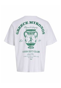 T-shirt blanc avec texte vert « GREECE MYKONOS » et illustration d'un vase de style grec présentant un dessin de guerrier antique.