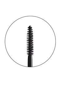 Svart mascara-børste med børstehodet av bust, avsmalnende design og teksturerte bust, plassert i et slankt svart håndtak. Sirkulær ramme rundt den.