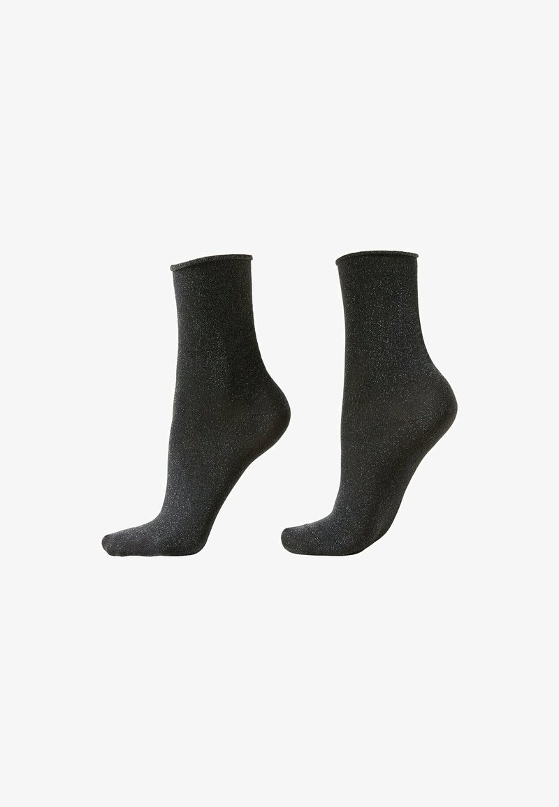 Sorte ankelstrømper med en blød tekstur og et diskret skær. Midt på læggen med en ribbet kant, velegnet til daglig brug.