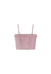 Top corto fruncido sostenible en rosa con patrón floral, tirantes ajustables y detalle de volantes en el escote. Parte inferior con banda.