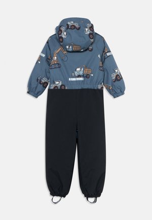 Blue waterproof overall with a tractor print on the top half, featuring elastic cuffs and a dark solid bottom half. Includes a hood.