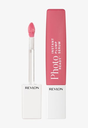 Revlon PhotoReady Instant Plump Serum lip gloss with pink applicator and matching pink rectangular cap.