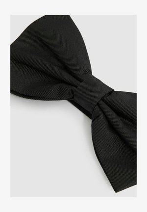 Black bow tie made of textured fabric with a subtle striped pattern. Features a central knot and large, wide ends.