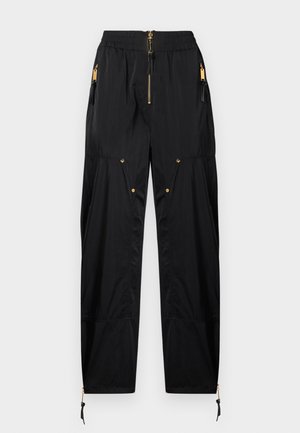 Černé cargo kalhoty s vysokým pasem, zlatými zipy a patentky, elastickým pasem, bočními kapsami a nastavitelnými šňůrkami na kotnících.