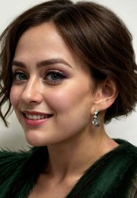 Silver drop earrings featuring clear gemstones in a tiered design. Textured green garment with soft feathers complements the jewelry.