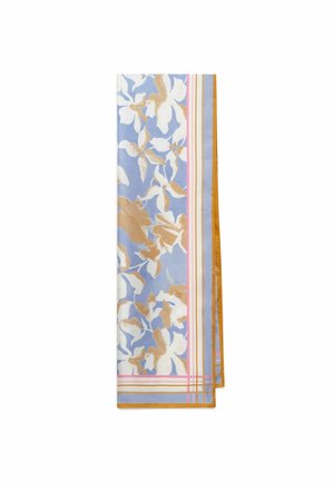 Sciarpa di seta con motivo floreale blu e bianco, foglie beige e bordo triplo in giallo dorato, rosa e bianco.