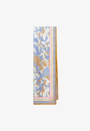 Écharpe en soie à motif floral bleu et blanc avec des feuilles beige et un bord triple en jaune doré, rose et blanc.