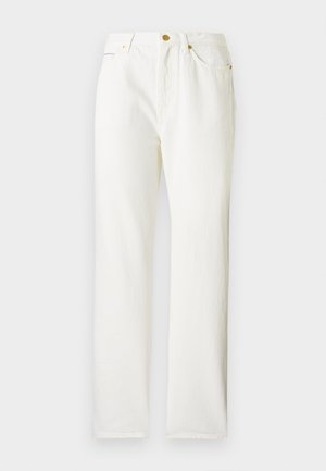 Pantalones de mezclilla blancos con diseño de pierna recta, que presentan un cierre delantero de botón y una textura sutil. Incluyen bolsillos laterales y un hardware mínimo.