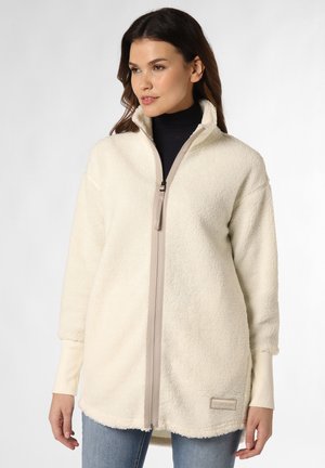 Cremfarbene Fleecejacke mit hohem Kragen, vorderem Reißverschluss und weicher Textur. Verfügt über lange Ärmel und ein Markenlabel am Saum.