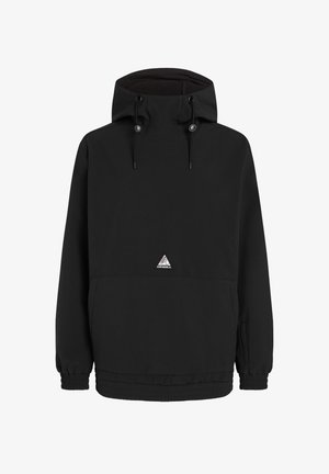 Black pullover jacket with a hood, elastic cuffs, and bottom hem. Features a front pocket and a triangular logo on the chest.