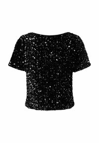 Schwarzes Kurzarmoberteil, das mit Pailletten bedeckt ist, mit rundem Ausschnitt und figurbetontem Schnitt. Die Textur ist glänzend und reflektierend.