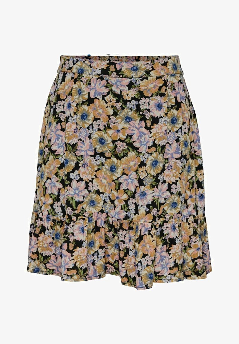 Zwarte rok met een gerimpelde zoom, voorzien van een dichte bloemenprint van gele, roze, blauwe en groene bloemen en bladeren.