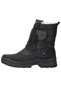Botín negro impermeable con parte superior de cuero suave y textil acolchado, suela sintética y detalle de banda de Velcro. Presenta un acabado texturizado.