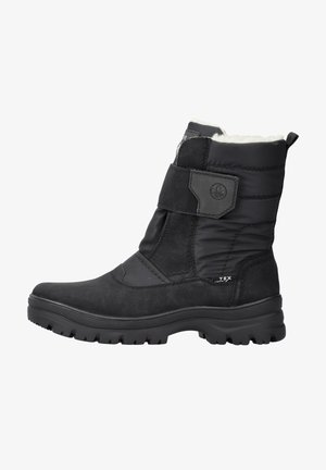 Sort vandtæt støvle med en glat læder- og polstret tekstiloverdel, syntetisk sål og velcro-stropdetail. Har en struktureret overflade.