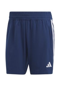 Navy sportshorts met een elastische tailleband, zijzakken en drie witte strepen langs de zijkanten. Inclusief het Adidas-logo.