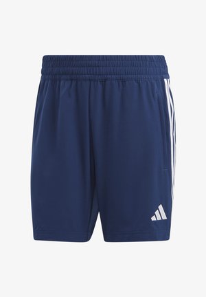 Pantaloni sportivi navy con elastico in vita, tasche laterali e tre strisce bianche che corrono lungo i lati. Presenta il logo Adidas.
