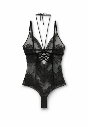 Bodysuit en dentelle noire avec de délicats motifs floraux, bretelles réglables et un design avant en croix. Matériau en mesh doux avec une texture transparente.