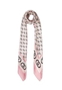 Sciarpa di seta con una combinazione di colori rosa chiaro e crema, caratterizzata da un motivo geometrico in nero. Gli angoli sono rifiniti a forma appuntita.