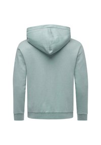 Felpa con cappuccio in verde menta chiaro, caratterizzata da una texture liscia, maniche lunghe e un cappuccio spazioso con una vestibilità comoda.