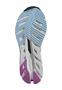 Suola della scarpa con una combinazione di colori azzurro chiaro, bianco e viola; presenta una gomma testurizzata per la presa e fori di ventilazione per la traspirabilità.