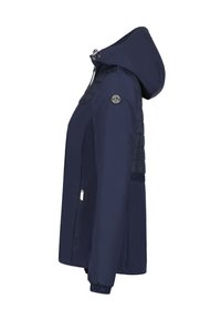 Marinblå vattentät jacka med huva, quiltade axelaccent, fickor med dragkedja på sidorna och elastiska ärmslut. Har detaljer med varumärkeslogotyp.