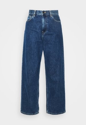 Light blue denim wide-leg jeans with a high waist, visible stitching, and standard pockets. Features a button and zip fly closure.