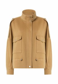 Veste beige en mélange de laine avec un col montant, une fermeture à boutons, deux poches avant et des épaulettes de style militaire. Texture douce et coupe décontractée.