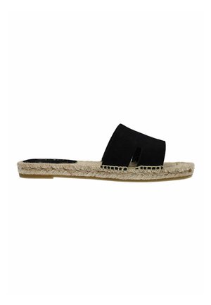 Espadrille noir en daim à enfiler avec un design ouvert à l'avant, semelle tressée en jute et base plate en caoutchouc de couleur naturelle.