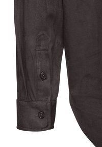 Black fabric shirt cuff with a smooth texture, featuring a button closure and a buttoned placket. Reinforced stitching along the edge.