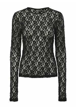 Top lungo nero a maniche lunghe in pizzo con motivo floreale, scollatura rotonda e finitura testurizzata con leggero effetto trasparente.