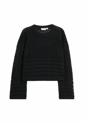 Schwarzer, gekürzter Pullover aus gestricktem Material mit komplizierten Spitzenmustern und gerippten Kanten, ausgestattet mit langen Ärmeln und einem runden Halsausschnitt.