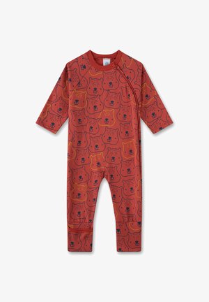 Red one-piece jumpsuit made of cotton, featuring a repeating pattern of bear faces in dark blue and yellow accents. Round collar and long sleeves.