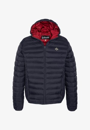 Marineblå boblejacket med lynlås, der har en kontrastfarvet rød inderforing og et diamantlogo på venstre bryst.