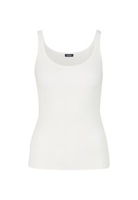 Top a canotte bianco a coste con scollatura tonda e spalline sottili. Realizzato in tessuto elastico per una silhouette aderente. Etichetta del marchio visibile all'interno.