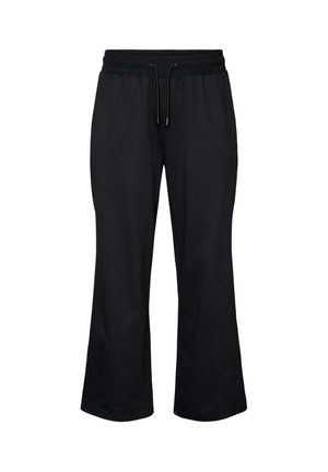 Pantalones negros de corte holgado con cintura elástica y cordón, con perneras anchas y bolsillos laterales.