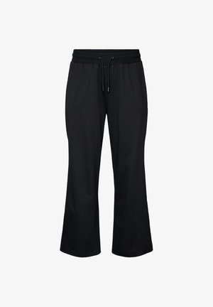 Pantalones negros de corte holgado con cintura elástica y cordón, con perneras anchas y bolsillos laterales.