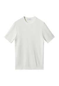 T-shirt bianco a maniche corte con collo rotondo, caratterizzato da un motivo testurizzato e bordini di colore uniforme sulle maniche e sull'orlo.