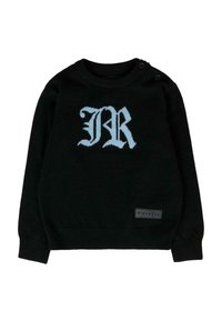 Maglione lavorato a maglia nero con un logo "JR" blu chiaro sul davanti e un piccolo etichetta nera sul bordo inferiore. Collo a giro con dettagli a bottoni.