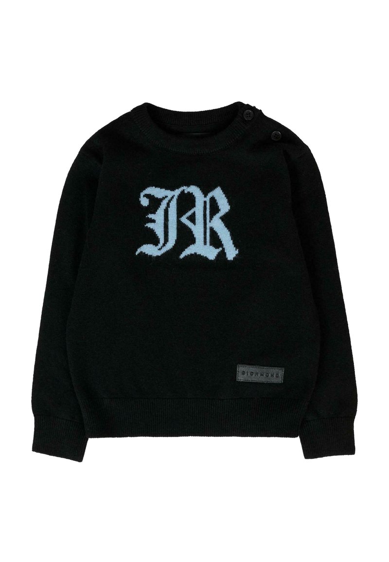 Maglione lavorato a maglia nero con un logo "JR" blu chiaro sul davanti e un piccolo etichetta nera sul bordo inferiore. Collo a giro con dettagli a bottoni.