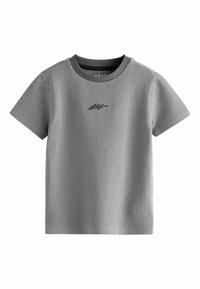 Graues, geripptes T-Shirt mit kurzen Ärmeln, rundem Halsausschnitt und dezentem gesticktem Logo auf der Brust. Weicher Stoff, lockere Passform.