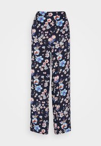 Floral wide-leg trousers featuring a navy background with blue and pink flowers. Soft fabric with a loose fit and high waist design.
