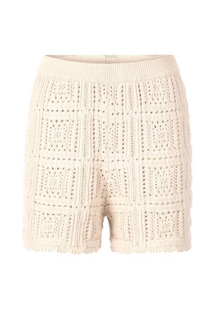 Brede gebreide shorts in lichtbeige met een textuur en opengehaakt patroon. Voorzien van een geribde tailleband en een golvende zoom voor extra detail.