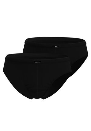 Two black men's briefs with a small front logo label, displayed on a white background.