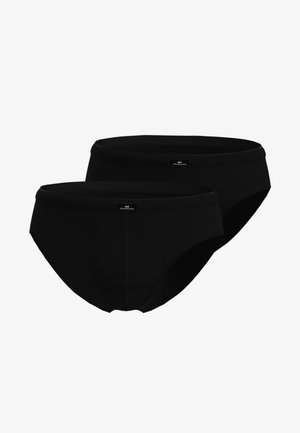 Zwei schwarze Herren-Slips mit kleinem Logoaufnäher vorne, dargestellt vor weißem Hintergrund.